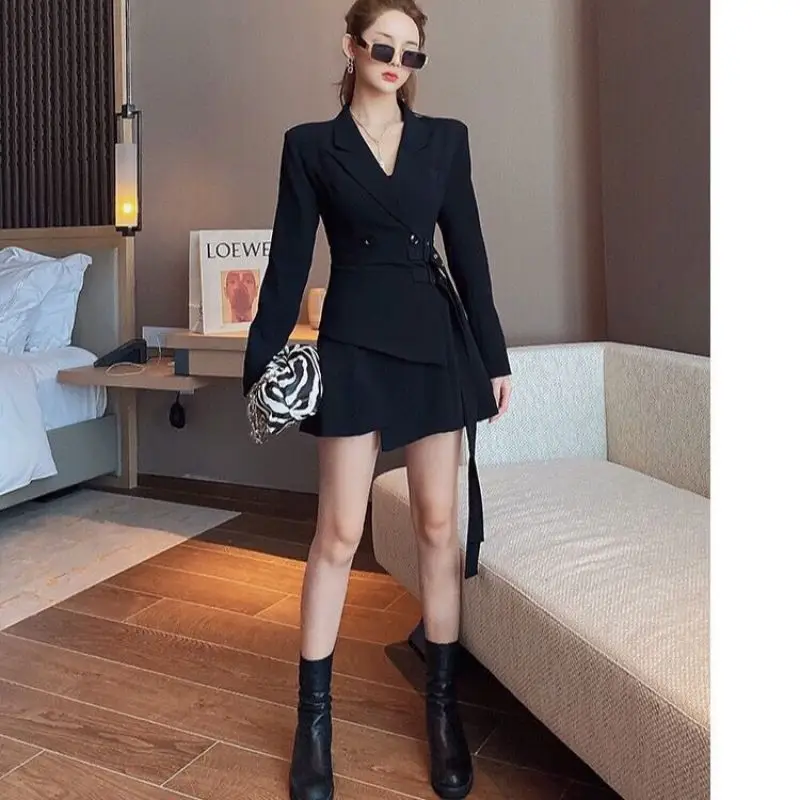 Spring Autumn New Korean Fashion Black Suit Dress Lace Up Asymmetric Elegant Solid Waist Pulling Dresses for Women