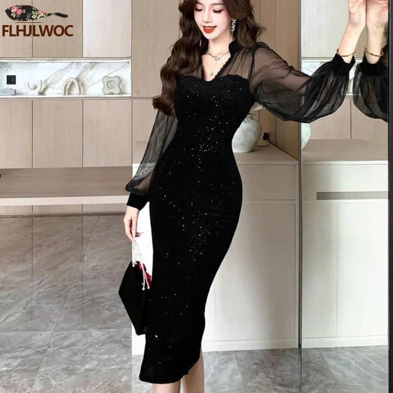 Neujahr Französisch Design Party kleid elegante Abend Retro Vintage Qipao Stand Split Slim Fit Wrap Hüfte sexy transparente Mesh Bling Kleid