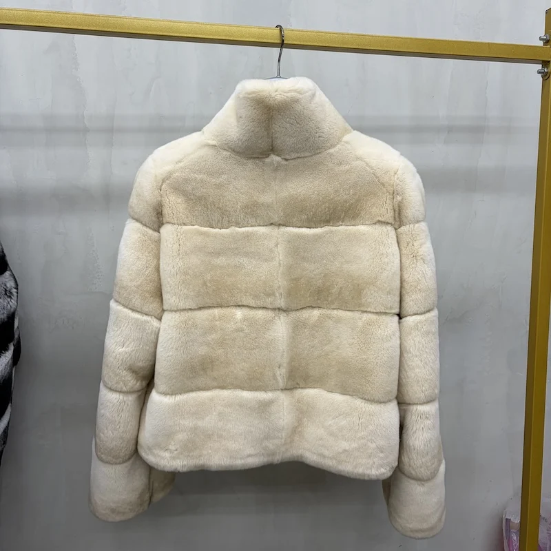 Women Real Rex Rabbit Fur Coat Stand Collar Short Jacket Chinchilla‑Look Pattern Horizontal Stripe Winter Warm Female Coat
