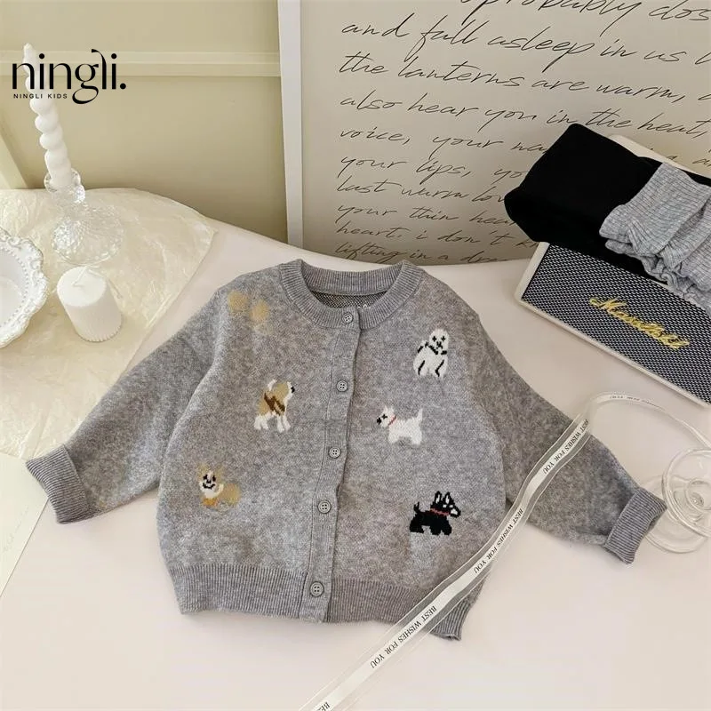 NL-24Children's Autumn Models Preppy Style Cartoon Puppy Cardigan Sweater Coat Top Color Matching Leggings Two-Piece Set