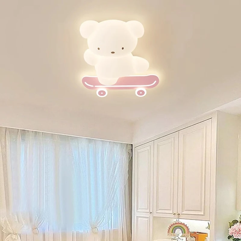 Cute Skateboard Bear Ceiling Lights LED Children's Room Light Cartoon Modern Warm Nursery Girl Boy Bedroom Decor Ceiling Lamps