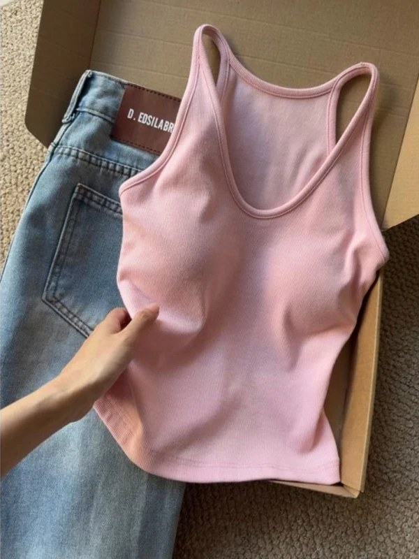 

Slim Fit Tank Top Women's Summer Outerwear Sexy Backless Slimming Inner Wear with Chest Pad Color Commute Style Korean ...