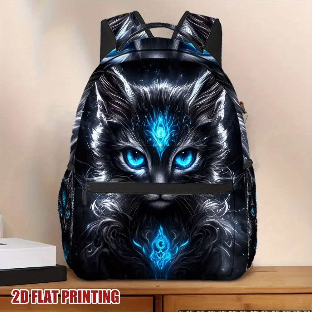 1pc Mystic Feline Aura Backpack Black Cat with Blue Eyes Adjustable Straps Spacious Compartments Lightweight