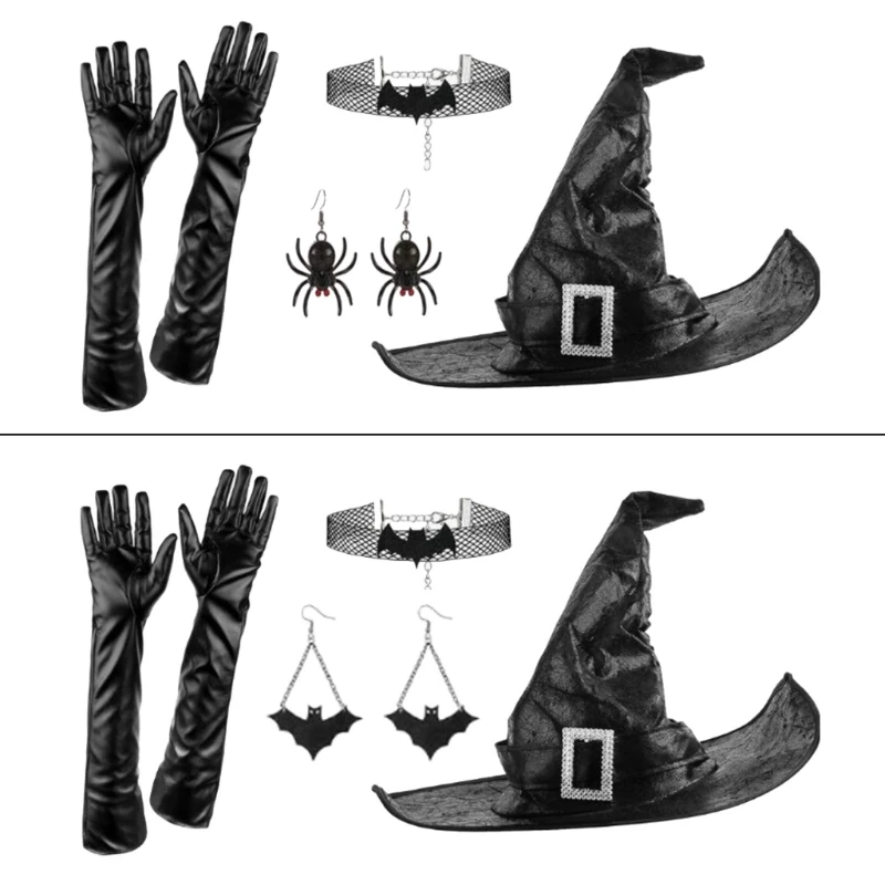 F42F Women Witch Costume Wizard Hat Cosplay Party Outfit Halloween Costume Accessory Roleplaying Gloves Earrings