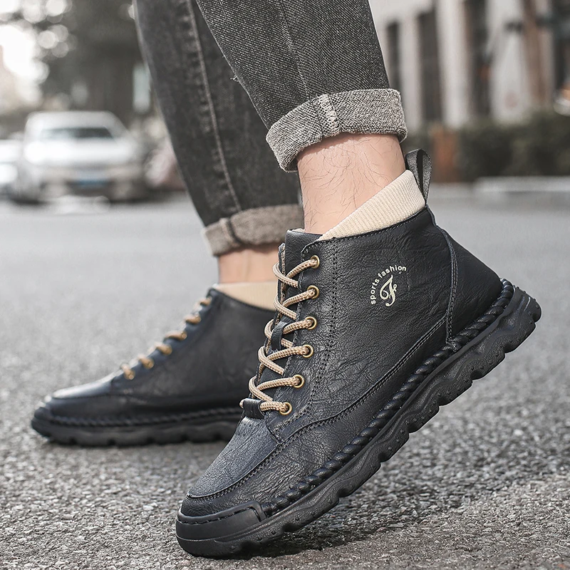 

Fashionable Men's Leather Casual Ankle Boots Branded Business Lace-Up Commuting Boots High-quality Outdoor Flats Walking Boots