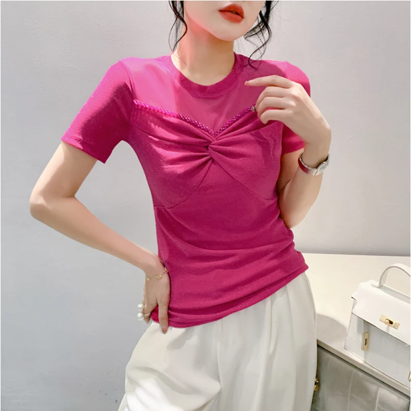 #7219 Stretch Mesh T Shirt Women Round Neck Sexy Tight T-shirt Female Short Sleeve Split Joint Folds Diamonds Skinny Tshirt Thin