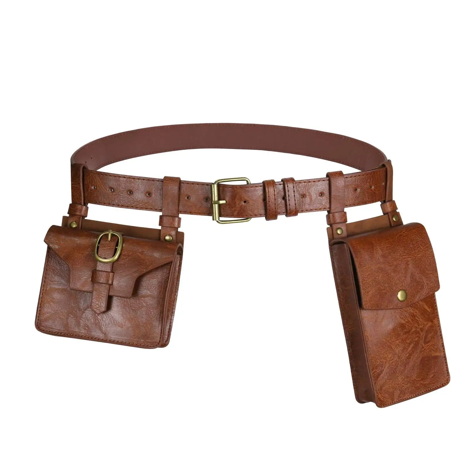 Cinto medieval ajustável, com duas bolsas removíveis, ideal para recriações históricas e cosplay.