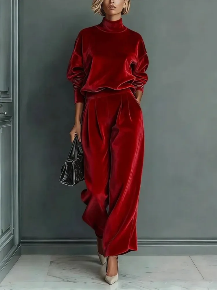 

Autumn Winter New Women Fashion Casual Warm Sportswear 2 Piece Sets Velvet Long-sleeved Solid Color High-neck Wide-leg Pants Set