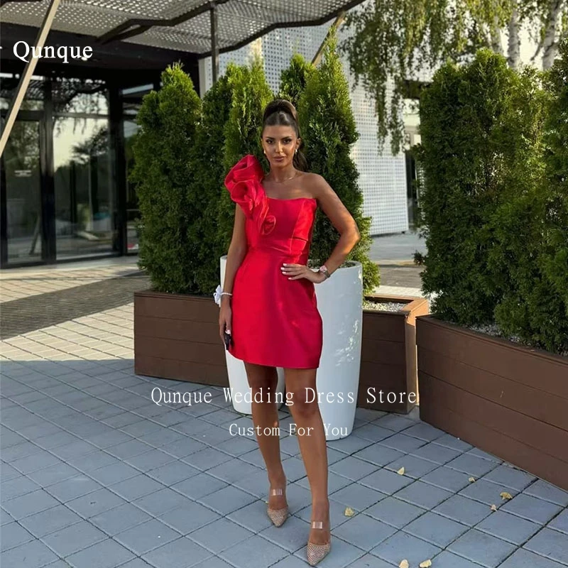 

Qunque Formal Above Knee Prom Gowns for Women Sheath Evening Dresses Vestido Red Puff One-shoulder Mini Party Gown Customized