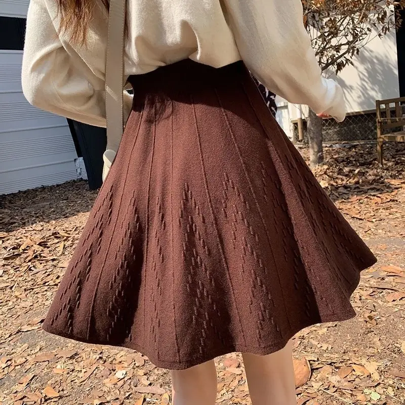 French Style Sweet Autumn Women\'s Solid Shirring Elastic High Waist Korean Fashion Office Lady Slim Knittd A-line Pleated Skirt