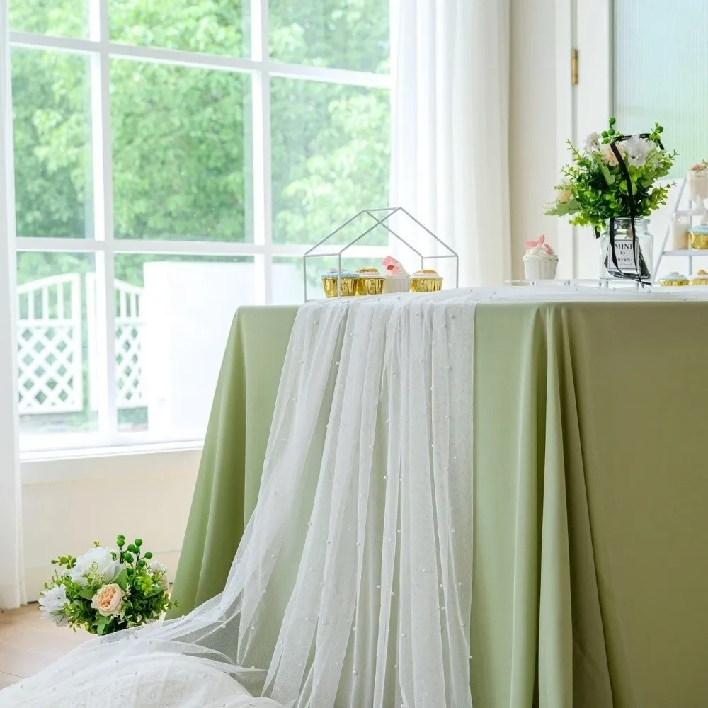 0.75*3 Meters Table Flag Pearl Tulle Semi Transparent Pearl Chiffon Gauze Mesh Sheer Drapes Wedding Arch Drapes