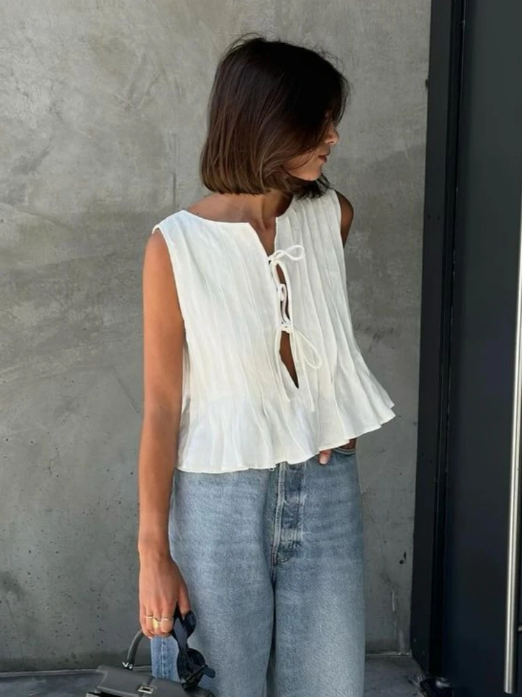 Elegant White Linen Cotton Pleated Lace-up Women Tops Tanks 2024 Summer New O-neck Sleeveless Ruffles Women Shirts Streetwear