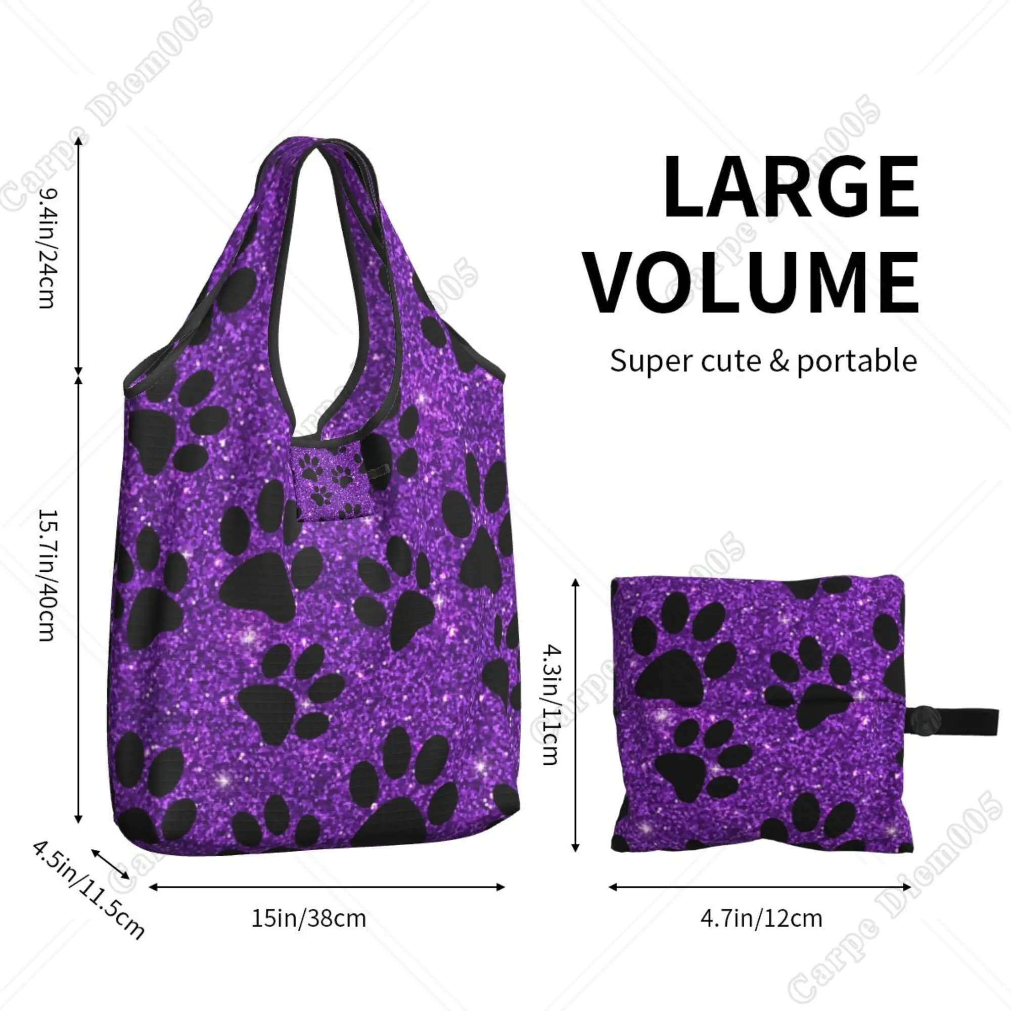 Purple Dog Paws Sparkle Cute Tote Bag Folding Shopper Bag for Women Shopping Work Outdoor Walking Fashion No Zipper Eco