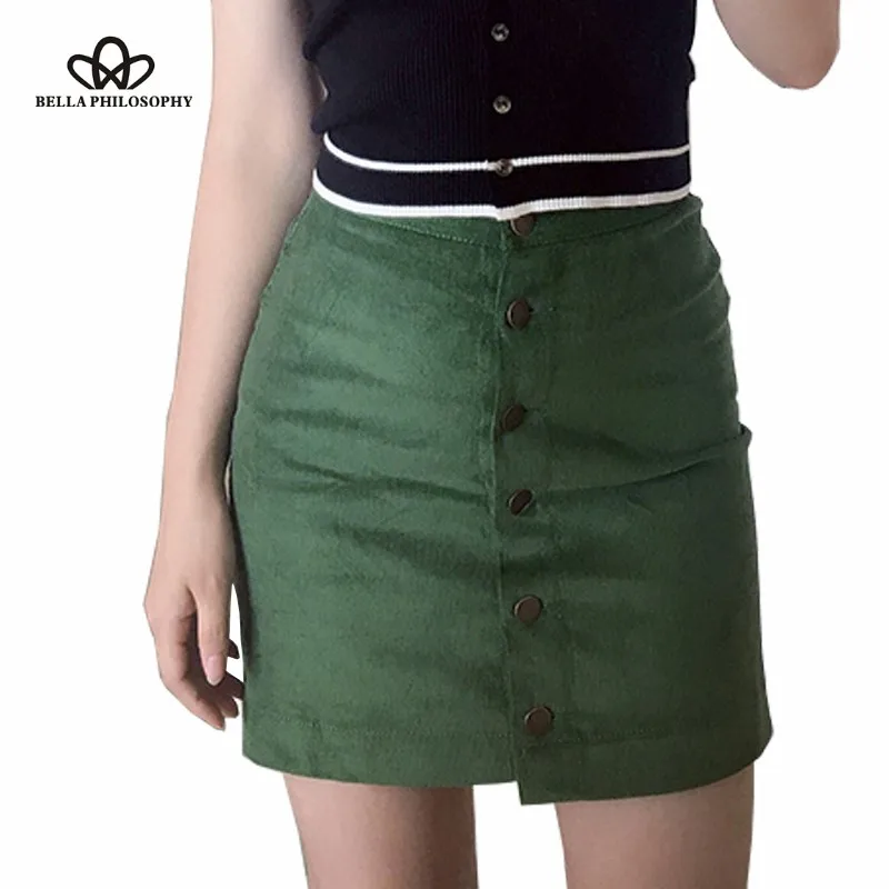 Bella Philoy spring summer women's A-Line empiresoph corduroy button skirt black pink green