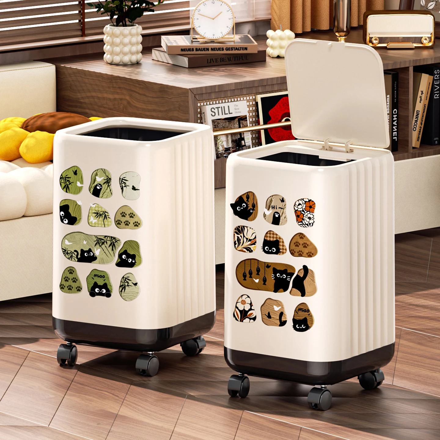 

Большая мусорная корзина на колесиках для гостиной и ванной комнаты, с крышкой, высокая эстетическая ценность, для роскошного домашнего использования