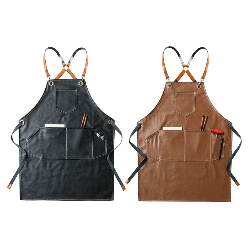 PU Working Apron for Cross Back Adjustable Chef Apron Multi-pocket Sleeveless Adjustable Strap and Large Pockets M76D