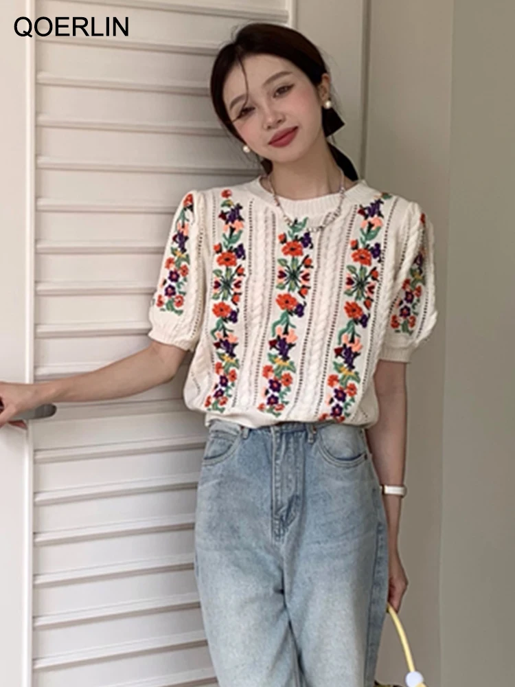 QOERLIN Embroidered Floral Pullovers Women O-Neck Short Sleeve Loose Summer Elegant Knitwear 2023 New Vintage Hollow Out Soft