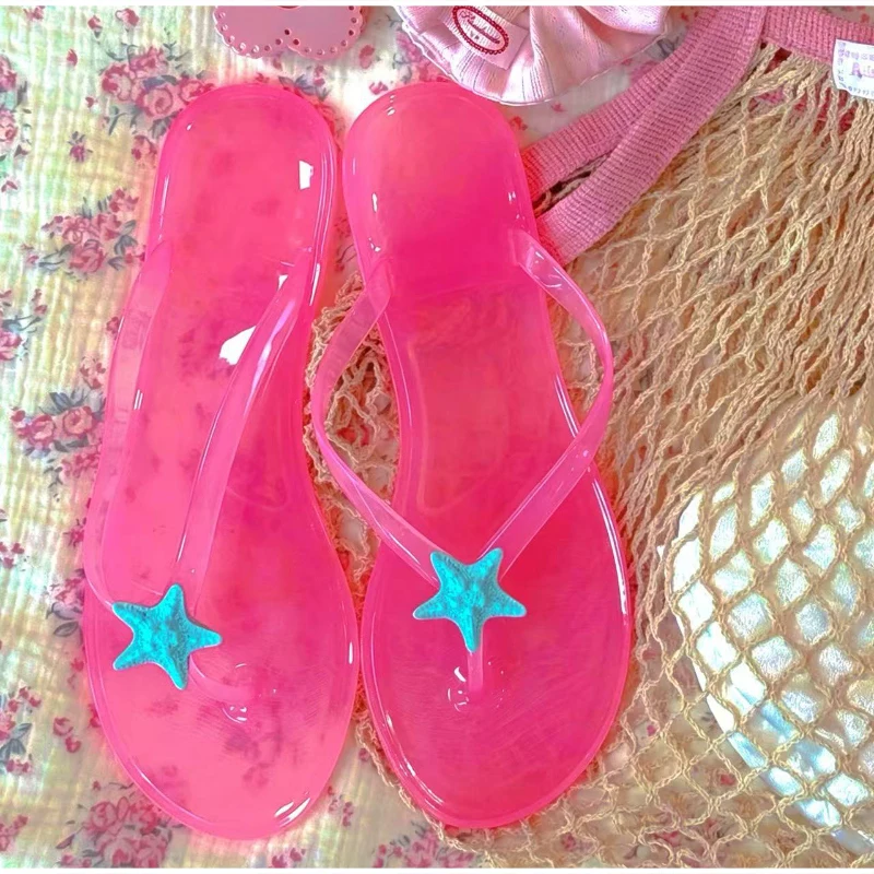 Summer Bright Transparent Pvc Crystal Flip Flops Solid Color Star Clip Toe Anti Slip Comfortable Flat Bottomed Beach Jelly Shoes
