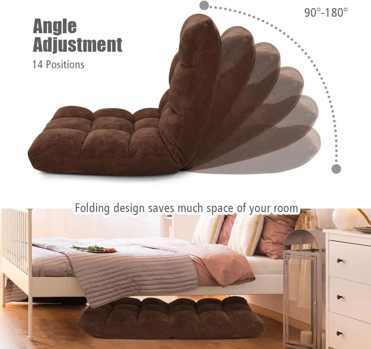 أريكة أرضية قابلة للطي مكونة من 14 موضعًا قابلة للتعديل للألعاب أريكة استرخاء كرسي مبطن سرير نوم قابل للطي لغرفة المعيشة وغرفة النوم باللون البني #6