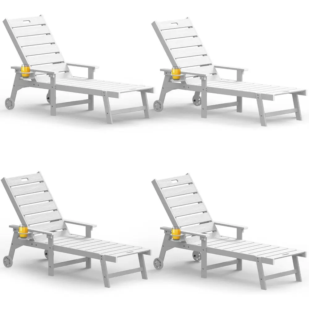 

Outdoor 4-Piece Lounge Set: Adjustable Backrest, Cup Holders, Wheels, Weather-Resistant, Suitable for Patio, Beach, Deck, White