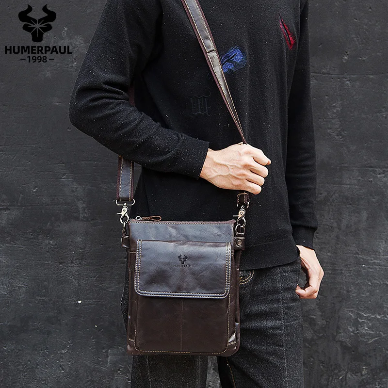 Humerpaul sacos do mensageiro de couro genuíno para homens novo negócio casual crossbody bolsa masculina qualidade viagem ombro ipad saco