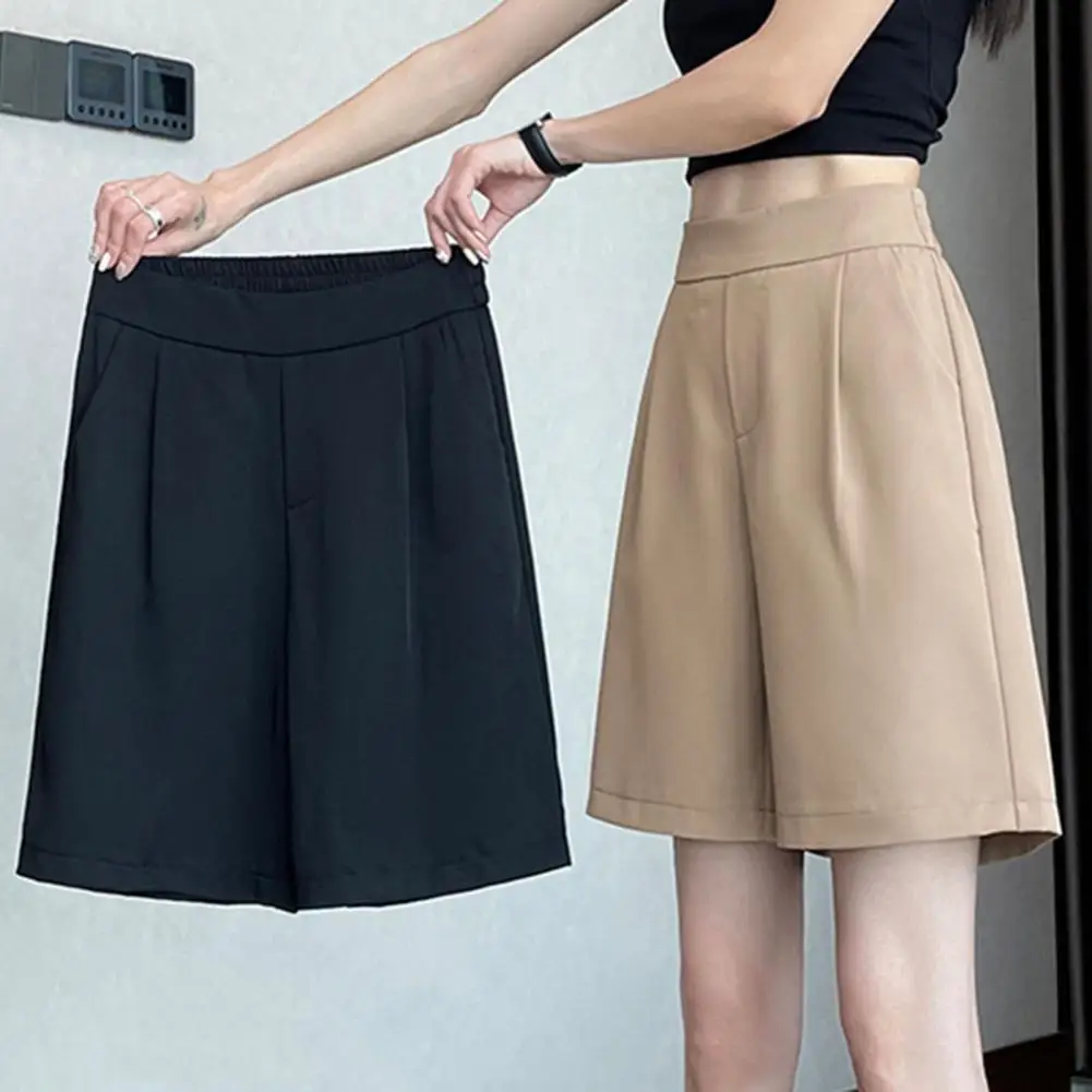 Women Summer Shorts A-line Loose Elastic High Waist Women Shorts Straight Casual Thin Knee Length Pants