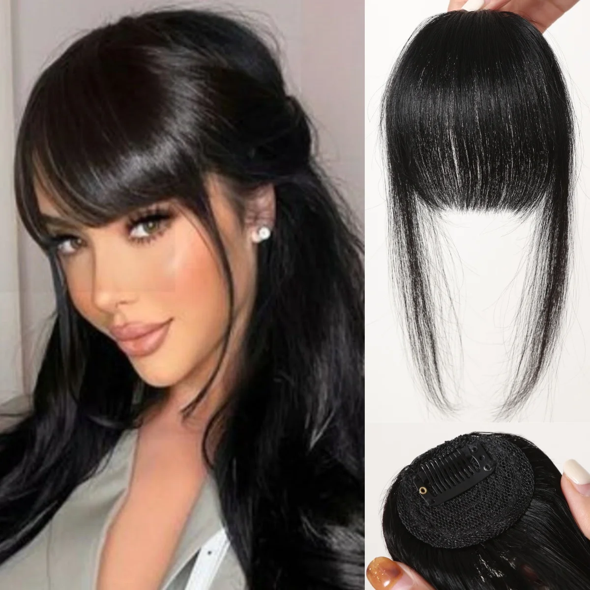 Natural Blunt Cut black Bangs Hairpiece 100% Human Hair Clip In Fringe Soft Lightweight for Daily Style Wispy Fringe Extensions