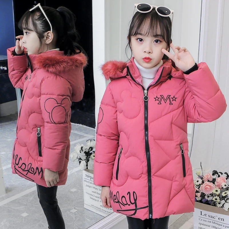 

2024 New Winter Clothes Teenager Girls Keep Warm Jacket Kids Letter Long Style Hooded Windbreaker Coat Children Plush Outerwear