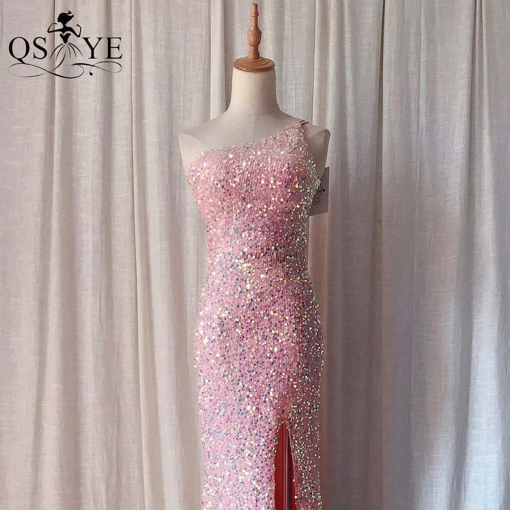 One Shoulder Pink Evening Dresses Sequin Mermaid Prom Gown Glitter Lace Long Formal Party Open Split Lady PinkFashion Dress Chic