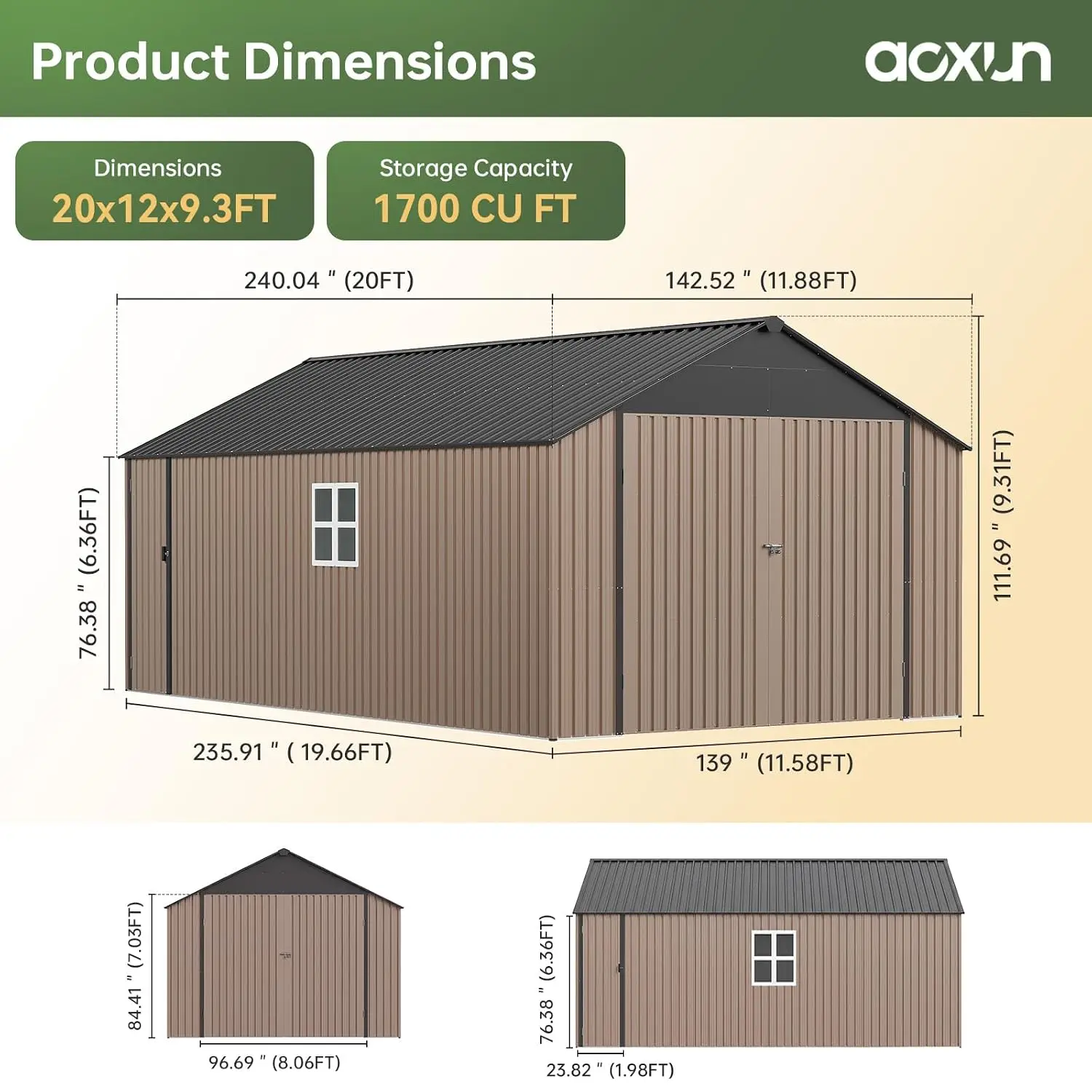 Metal Storage Shed Outdoor Large Garden Tool Garage 12x20x9.3FT, Customized
