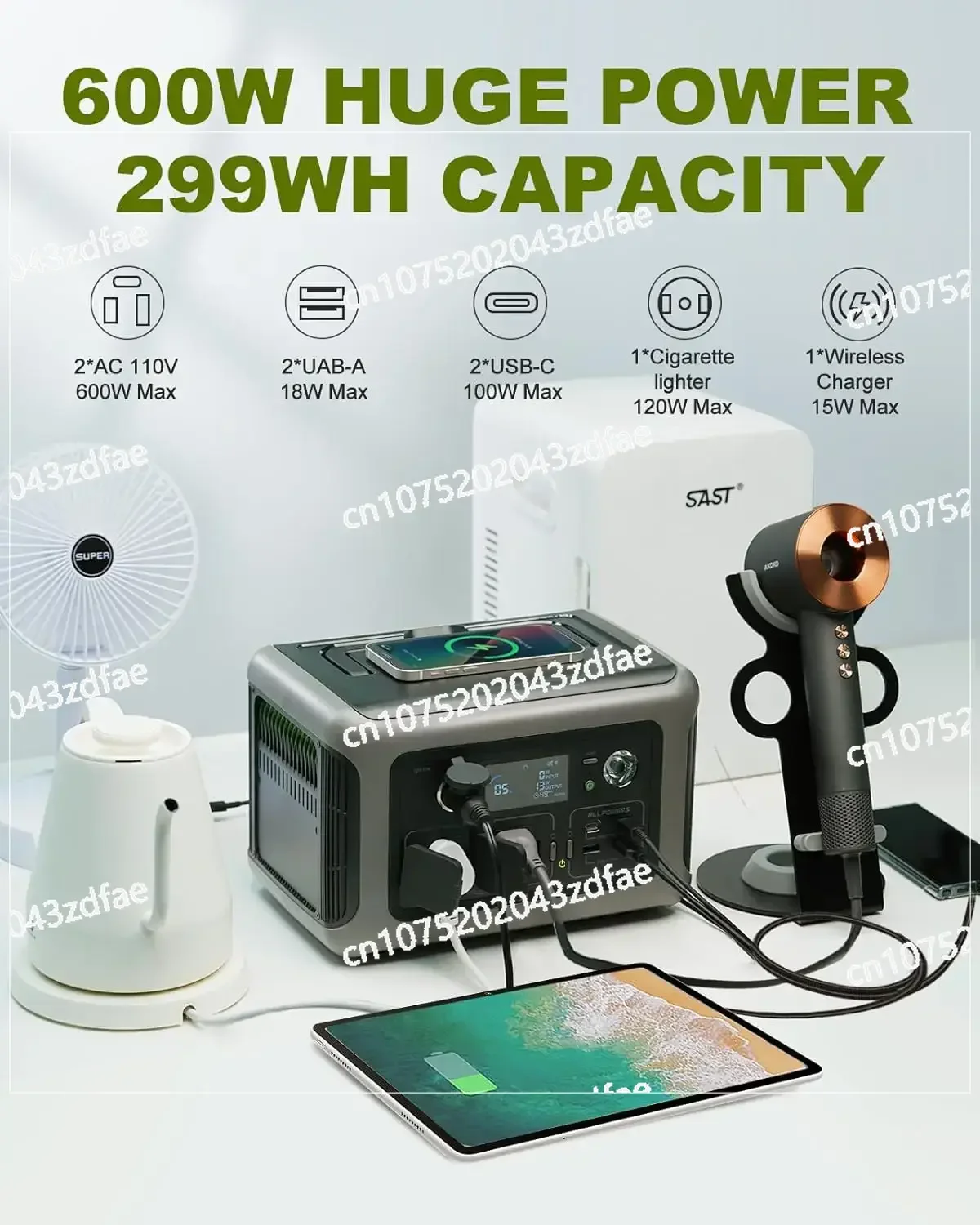 [Upgraded Version] R600 Super-Quiet Portable Power Station, 299Wh 600W LiFePO4 Battery Backup with UPS Function,