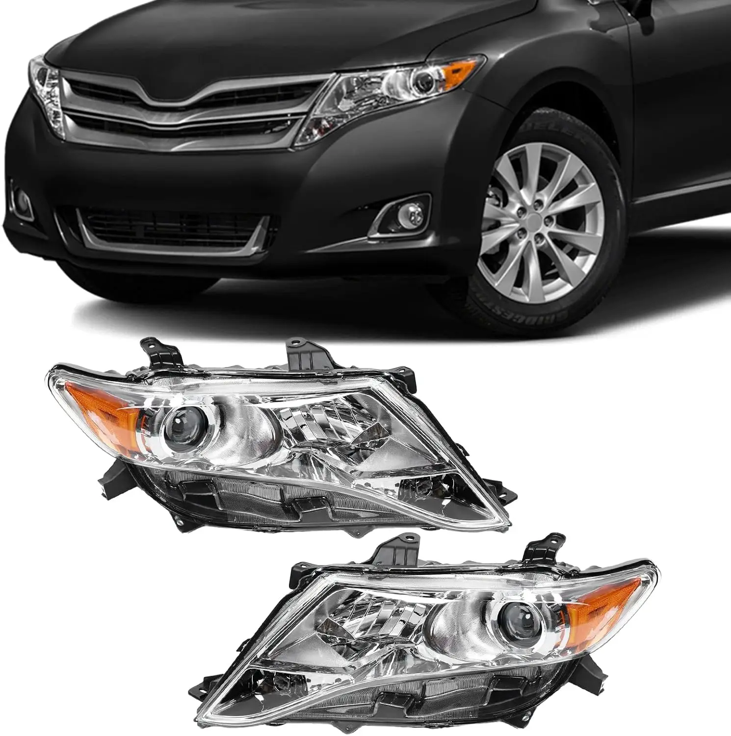 

For 2009 2010 2011 2012 2013 2014 2015 2016 Toyota Venza Halogen Headlight Left Driver+Right Passenger Side 1 Pair Chrome Housi