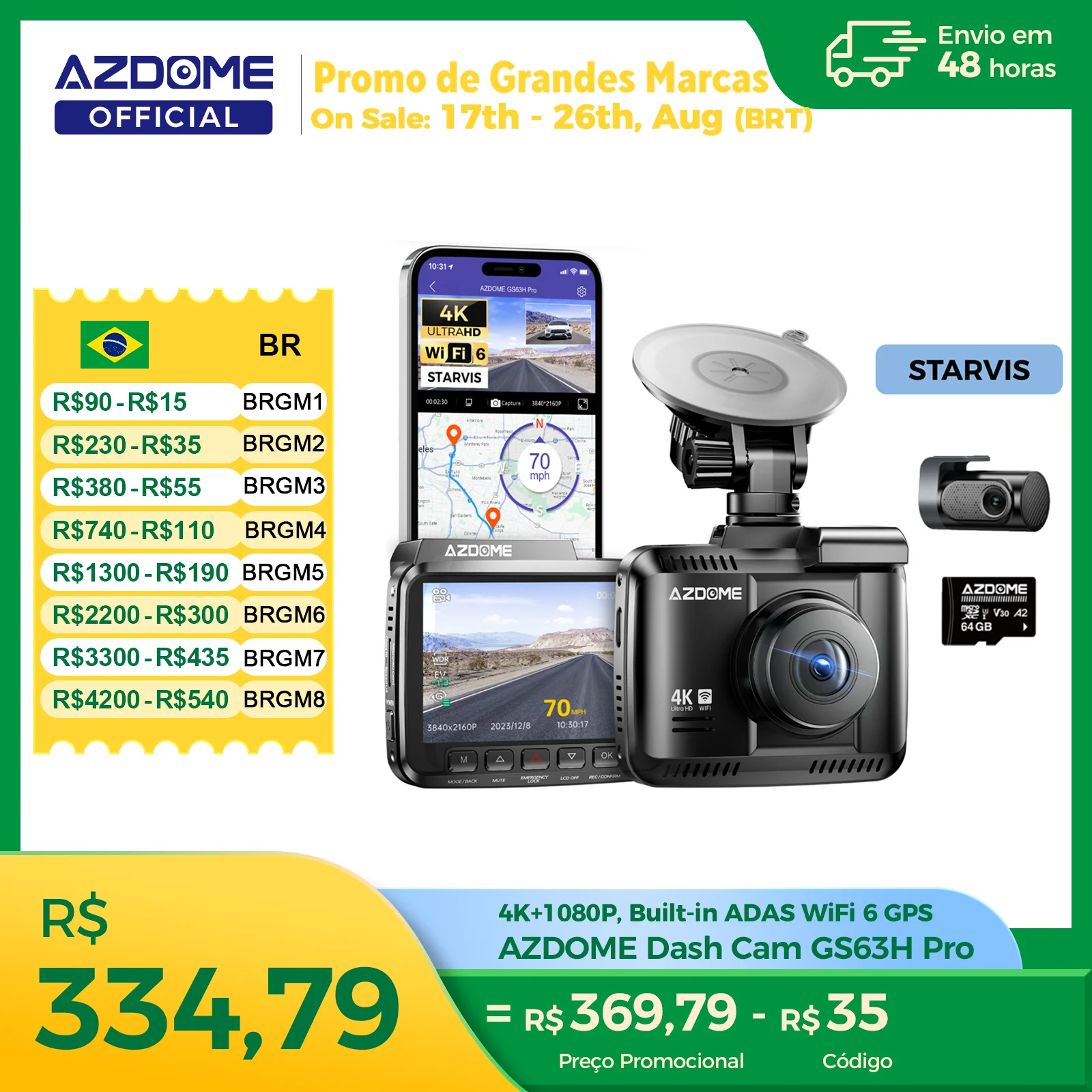 AZDOME Dash Cam GS63H Pro 4K + 1080P Tela IPS de 2,4" 150 ° FOV integrado ADAS WiFi 6 GPS carro DVR G-Sensor 24H monitor de estacionamento Camare