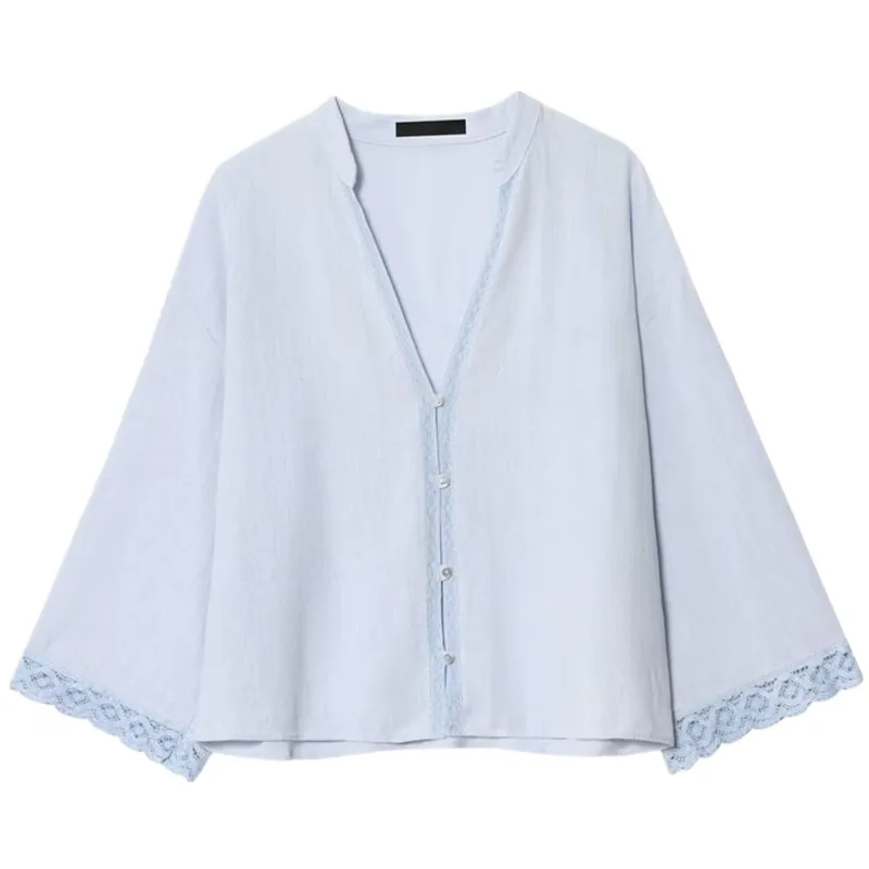 2025年秋新作 レディース リネン混紡 レース 長袖 Vネック シャツ 快適 通気性 ゆったり コットン ポリエステル混紡