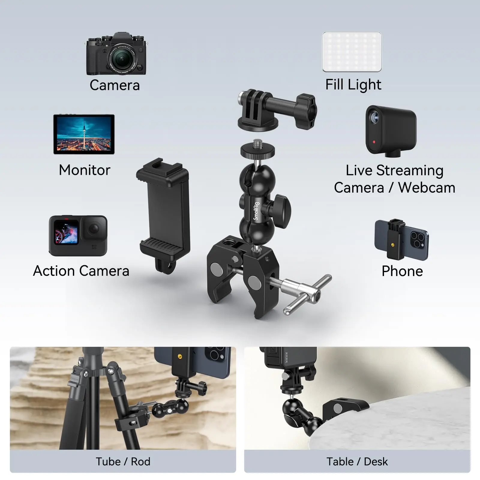 SmallRig Camera Mount Clamp Kit Ball Head Magic Arm with Clamp Super Clamp for Gopro Camera Phone Monitor & Light 4373