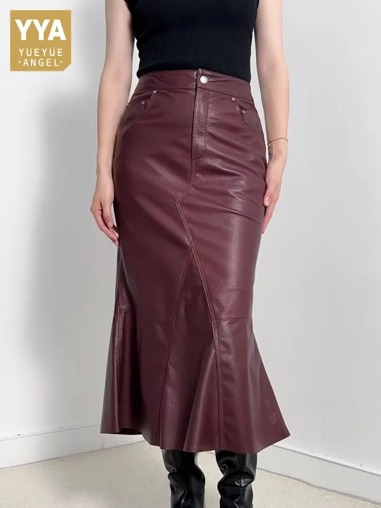 

Elegant High Waist Women Genuine Leather Long Skirt Slim Fit New Office Ladies Natural Leather Irregular Design Fishtail Skirt