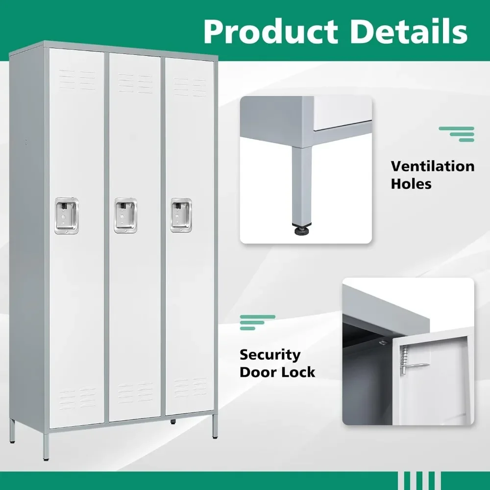 YQXH Casilleros de metal para empleados - Armario de almacenamiento de 3 puertas con estantes y gabinete de acero con cerradura para escuela, gimnasio, oficina