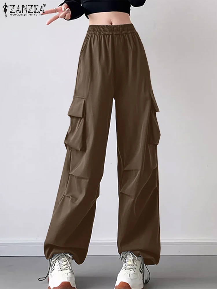 

Casual Loose Solid Color Elastic Waisted Pantalons ZANZEA Women Cargo Pants Holiday Straight Trouser 2025 Summer Pockets Bottoms