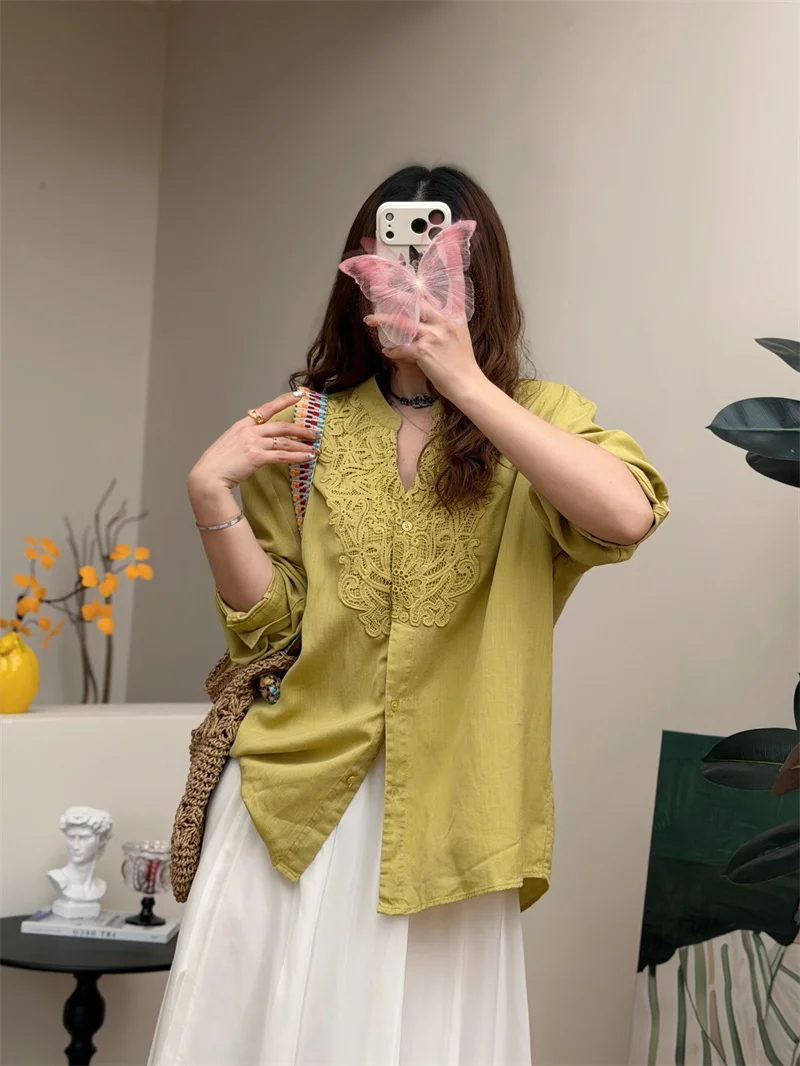 

Ретро-блузка с кружевной отделкой и V-образным вырезом, свободного кроя, с длинными рукавами, из шелка и льна, женская, дышащая, комфортная, повседневная, модная, весна-осень