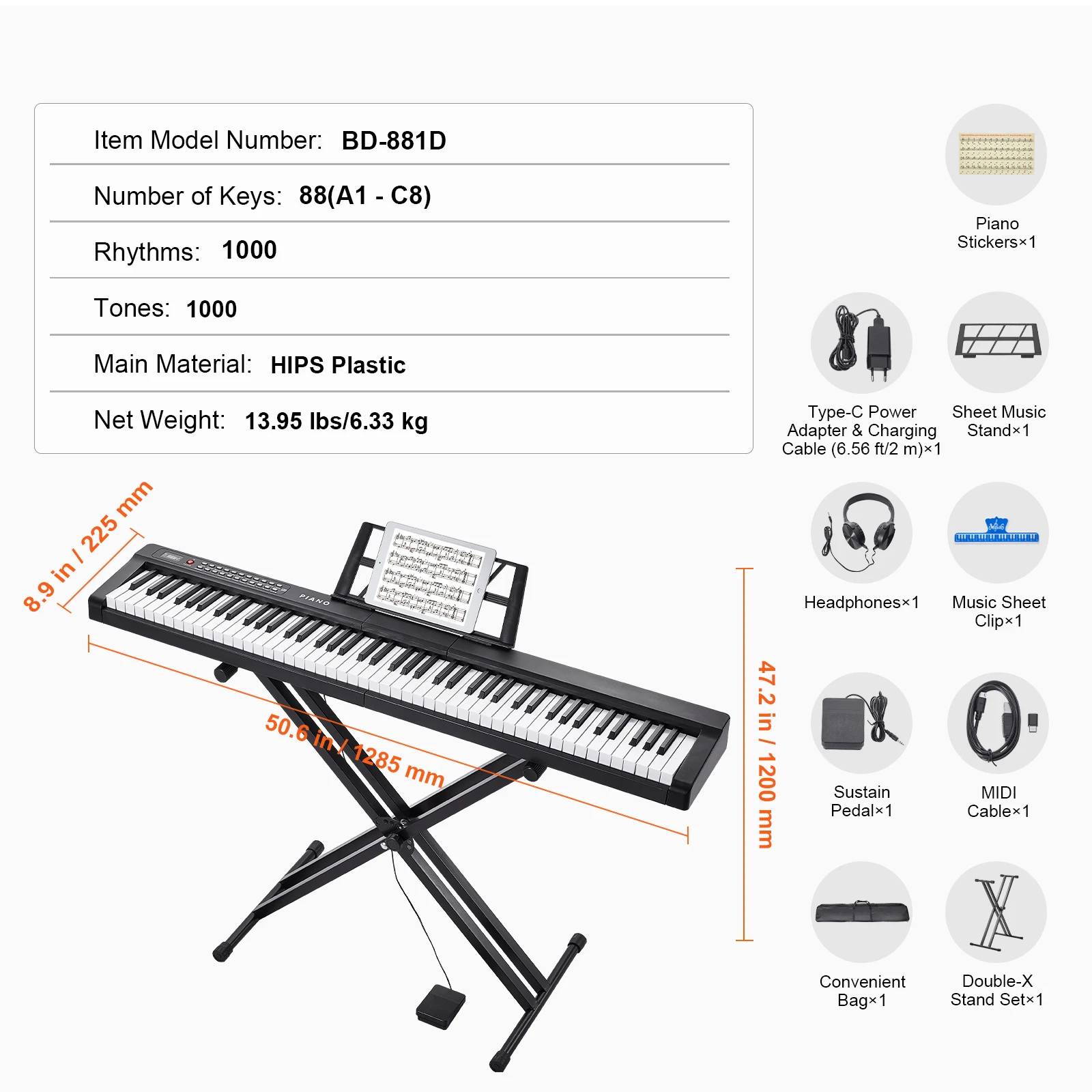 SucceBuy 88-toetsen digitaal pianotoetsenbord Semi-gewogen toetsen Volledig elektrisch draagbaar toetsenbord Pianoset 1000 tonen voor beginners