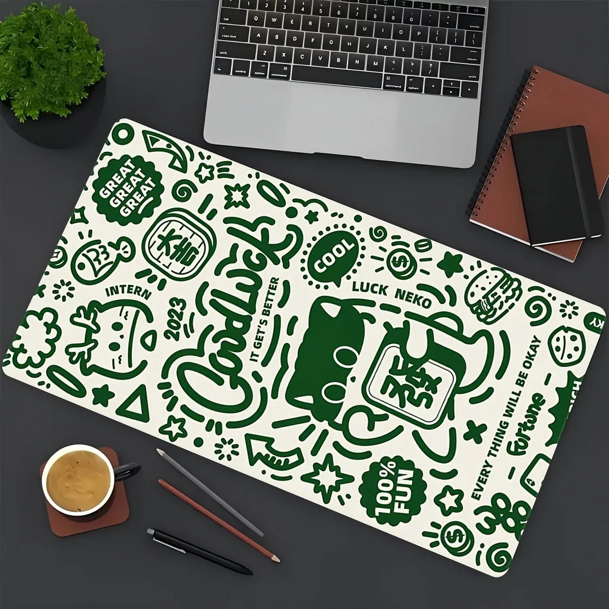

Green Lucky Cat Large Gaming Mouse Pad Floral Computer Office Game Non-Slip Rubber Precision Stitched Edge Washable L/XL/XXL Mat