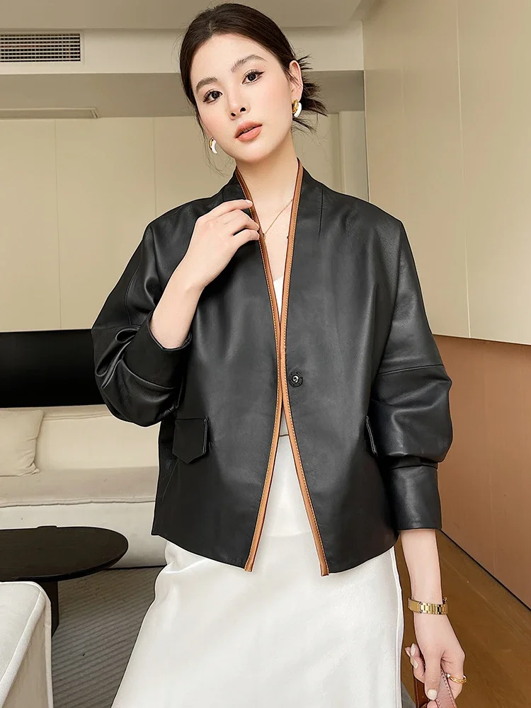 

Simple V-neck Genuine Leather Jackets for Women Spring Autumn 2024 New Trend High-end Casual Batwing Sleeve Real Sheepskin Coat