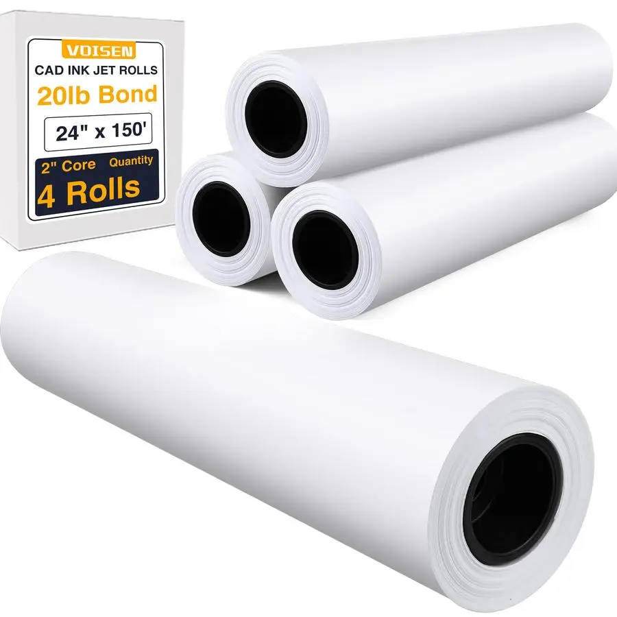 

Wide Format Paper,4 Rolls Plotter Paper 24 In x 150 Ft, CAD Bond Rolls,20lb,Bond Paper on 2 Core for CAD Printing on Wide Format