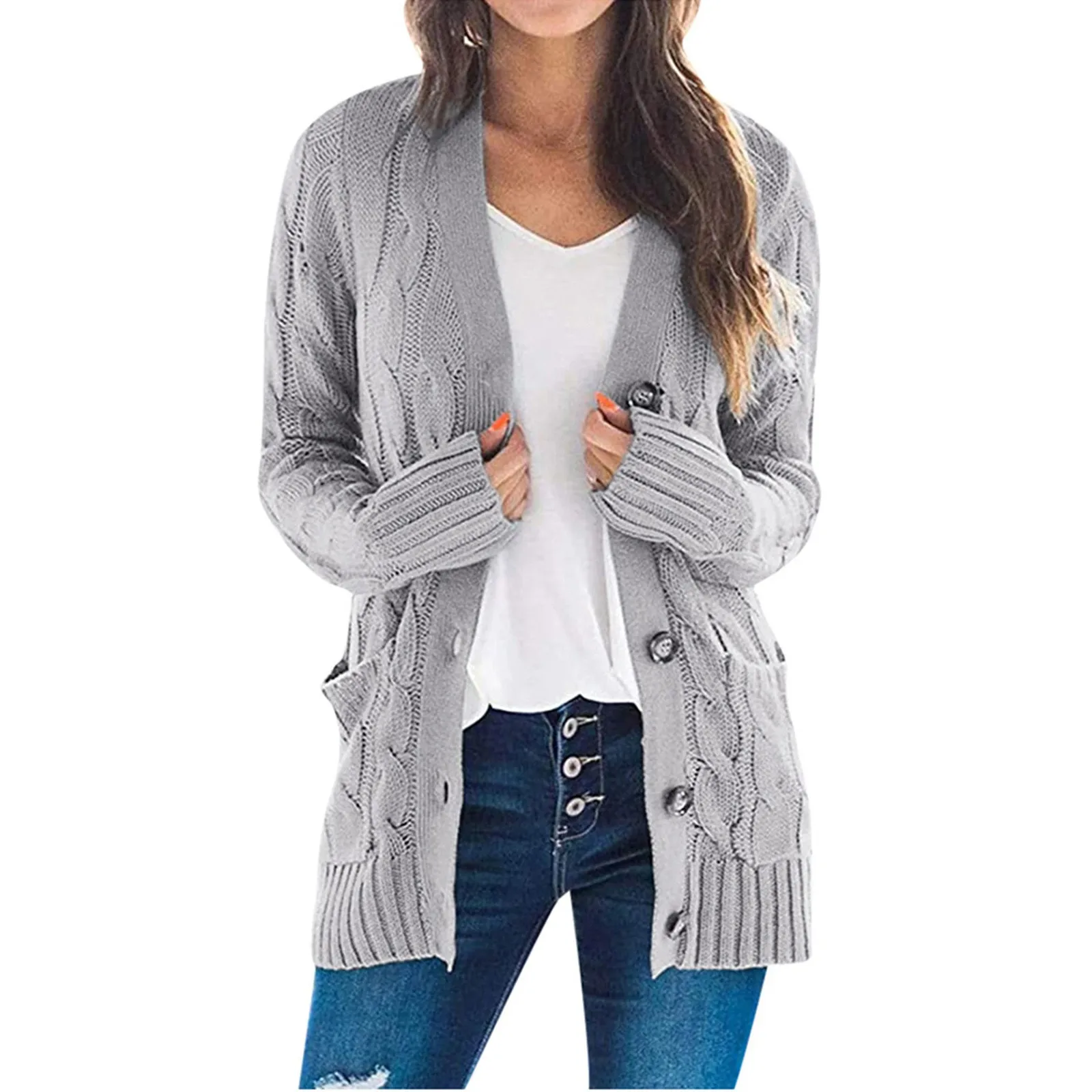 

Womens Clothing Cardigan Autumn/Winter Women's Sweater New V-Neck Solid Color Loose Fit Pockets Long Knitted Coat Casual Sweater