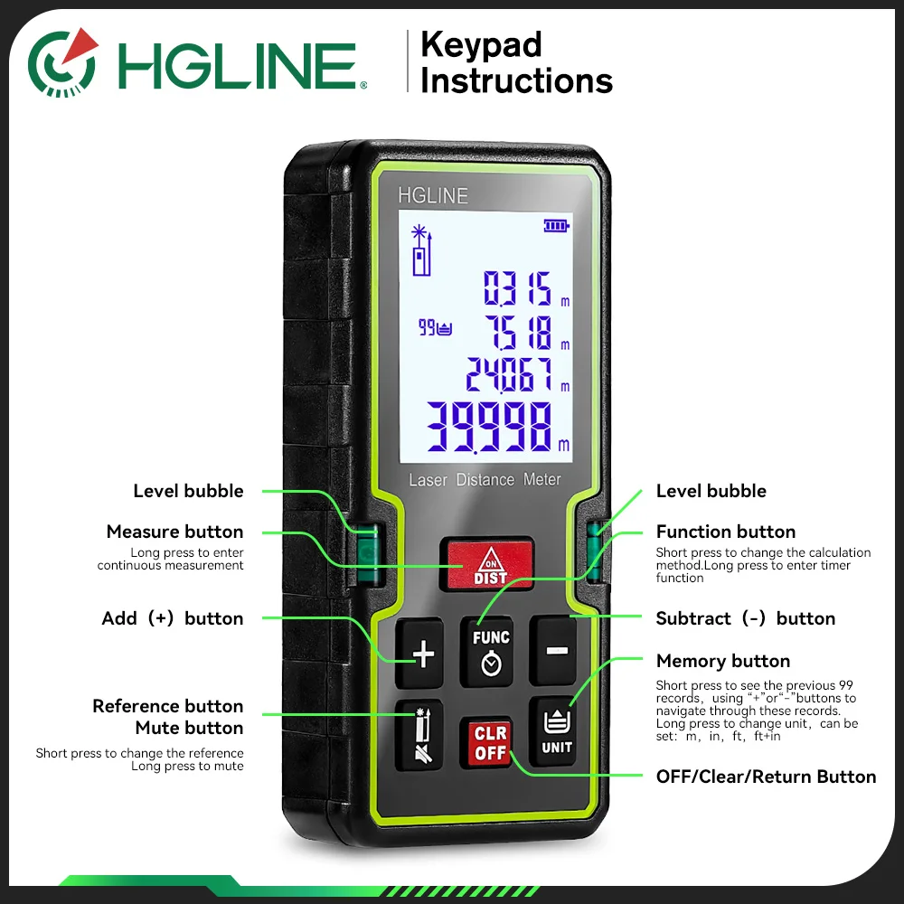 Imagem -02 - Hgline-rangefinder do Laser com Bolha Horizontal Dobro Fita Métrica do Laser Régua Eletrônica Inventor Ferramenta da Medida Ip40 40 m 60 m 80 m 100 m 120m