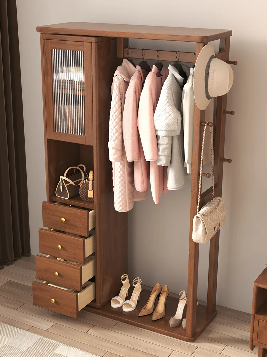 Solid Wood Coat and Hat Rack Bedroom Room Floor Household Clothes Rack Multi-Functional Storage Organizer with Mirror Clothes