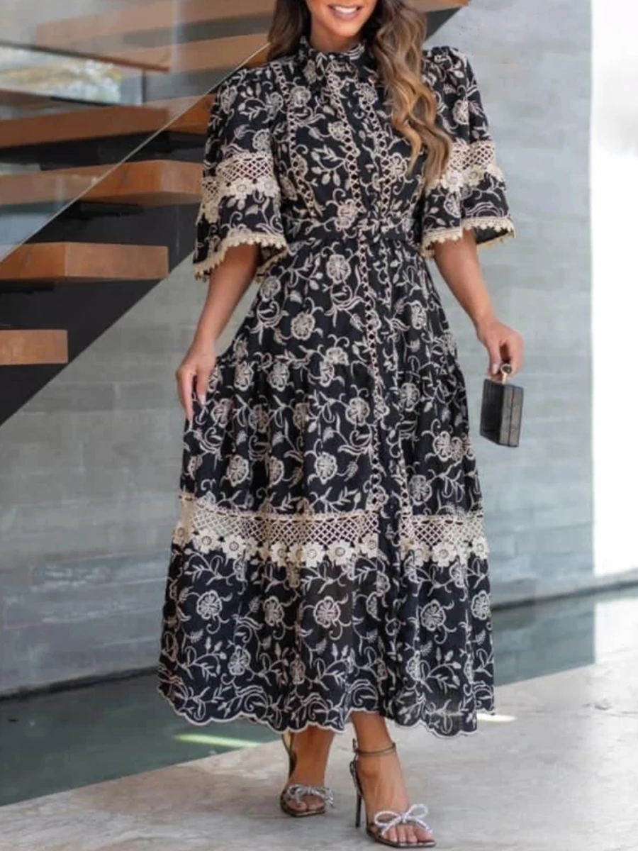 VGH Plus Size Solid Dresses for Women Lapel Half Sleeve High Waist Hollow Out Embroidery Dress Female Holiday Style Clothes New