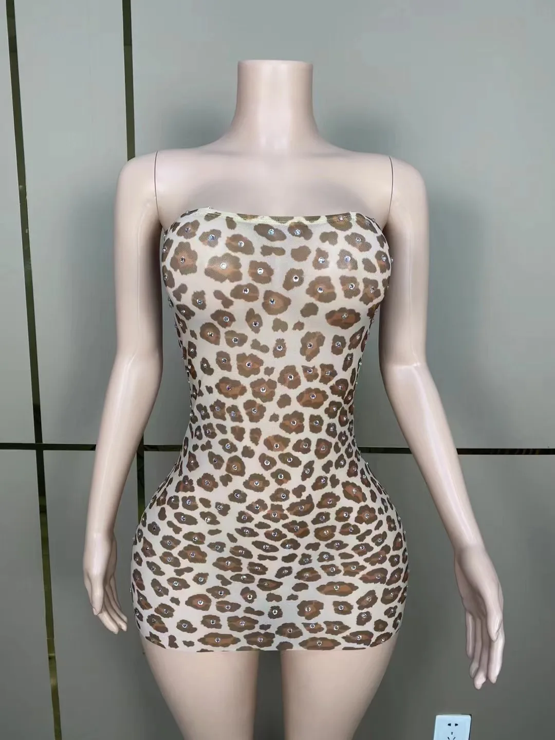 

Leopard Printing Strapless Sexy Sheath See Through Mini Dress Evening Party Performance Costume Bar Nightclub Stage Wear