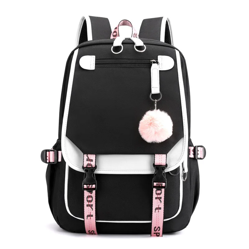 

large school bags for fashion black pink teen school backpack teenage girls USB port canvas schoolbag student book bag mochila