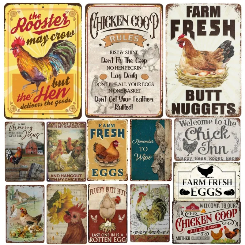 Decor Retro Crest Chicken Coop Country Cottage Eggs Market Rooster Tin Signs Poster for Home Living Room Bedroom Garden Cafe Bar